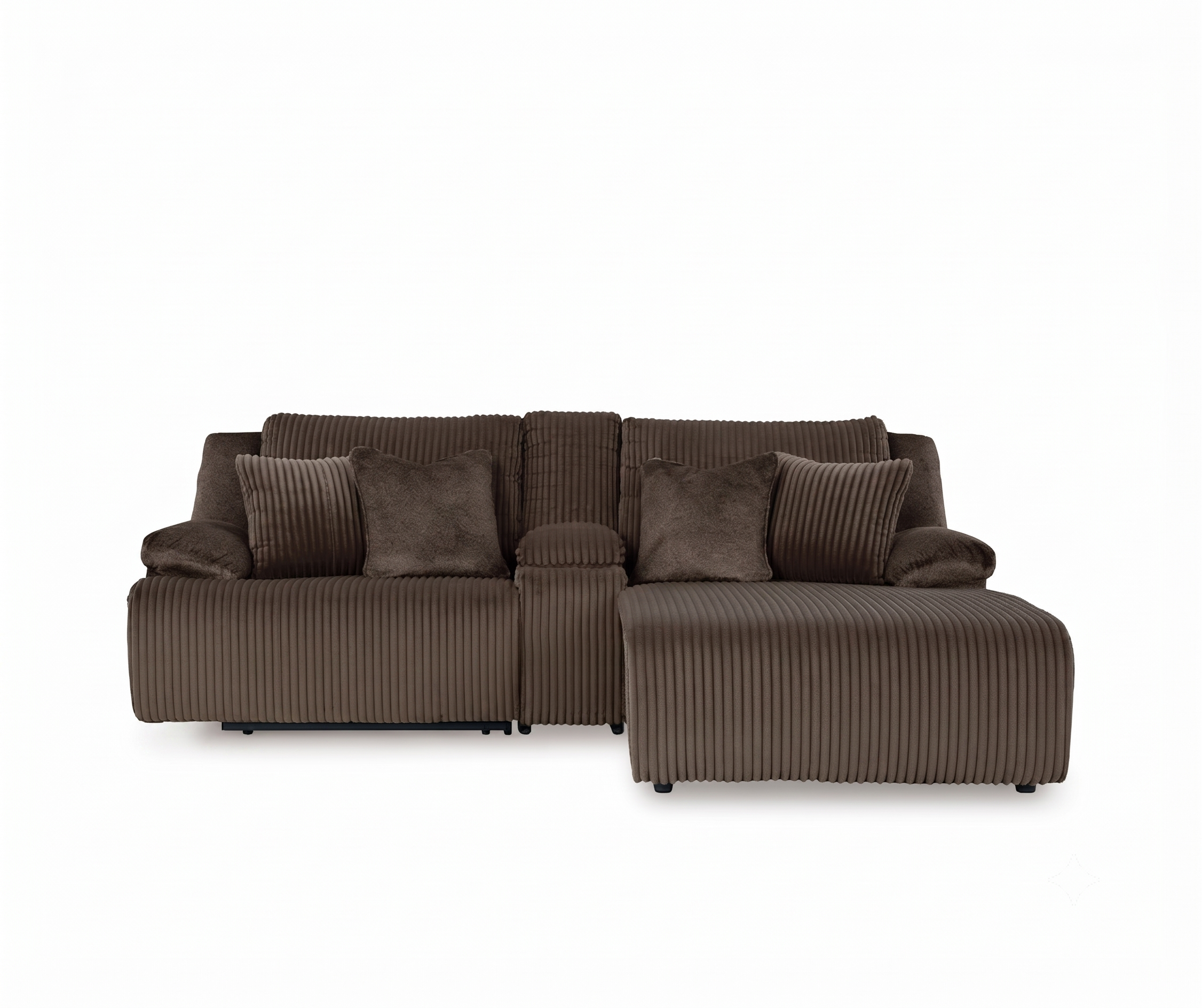 Konsooliga šokolaadipruun velvetist recliner nurgadiivan Top Tier eestvaates