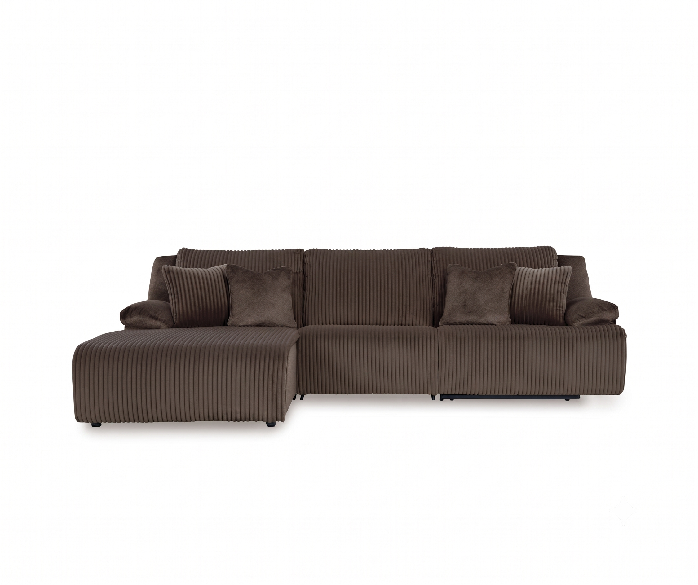 Šokolaadipruun velvetist recliner nurgadiivan Top Tier 3M eestvaates.