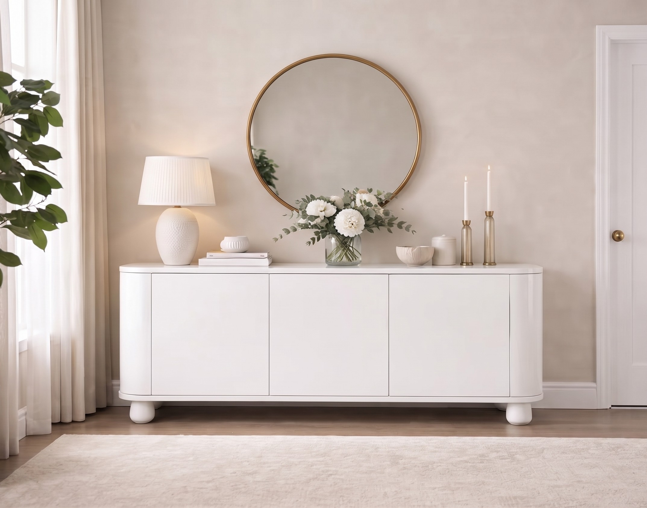 Modernne ja minimalistlik valge kummut Zera elutoas