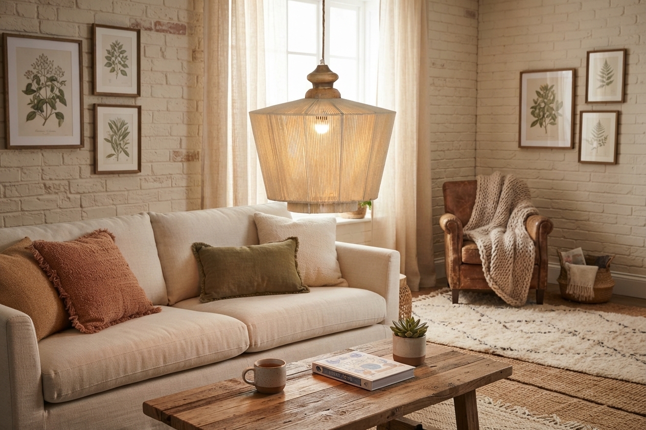 Boho stiilis beež puuvillane mangopuidust laevalgusti Algodon elutoas