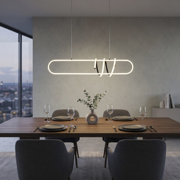 Valge minimalistlik piklik laevalgusti Espiral köögisaare kohal